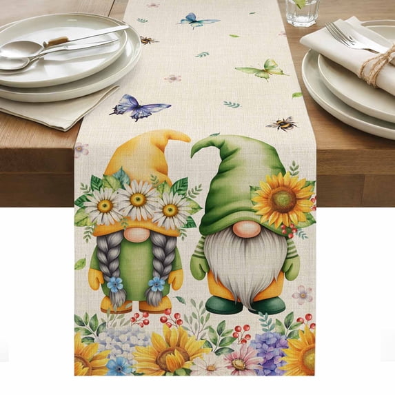 Sunflowers Table Runner - 48 Inch Long, Kitchen Dining Table Runner Dresser Scarves, Spring Gnomes Hydrangea Daisy Botanical Beige Farmhouse Decor for Coffee Tables Wedding Party Banquet