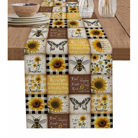 Sunflowers Table Runner 48 Inches, Retro Country Butterfly Bee Floral Plaid Bed Runner Dresser Scarves Tabletop for Indoor Outdoor Parties/Ceremony/Banquet, 13" x 48"
