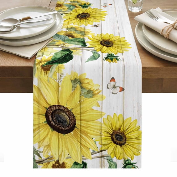Sunflowers Table Runner - 60 Inch Long, Kitchen Dining Table Runner Dresser Scarves, Country Spring Botanical Flowers Bee Wooden Farmhouse Decor for Coffee Tables Wedding Party Banquet