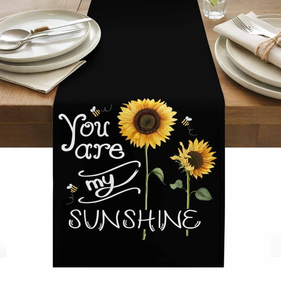 Sunflowers Table Runner - 60 Inch Long, Kitchen Dining Table Runner Dresser Scarves, Modern Bee You Are My Sunshine Black Farmhouse Decor for Coffee Tables Wedding Party Banquet