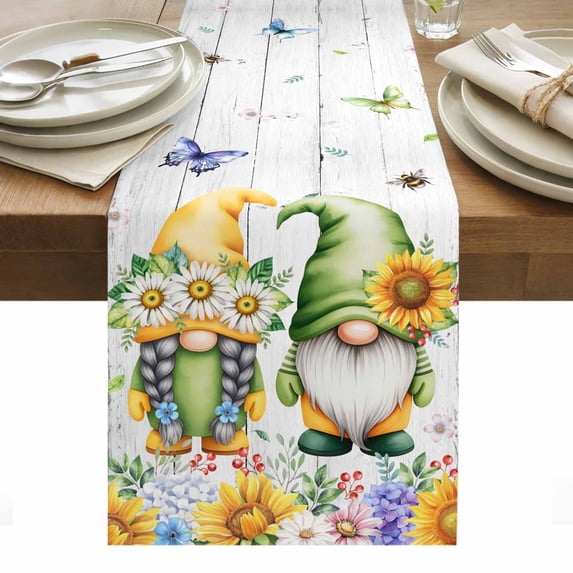 Sunflowers Table Runner - 60 Inch Long, Kitchen Dining Table Runner Dresser Scarves, Spring Flowers Gnomes Hydrangea Daisy Wood Farmhouse Decor for Coffee Tables Wedding Party Banquet