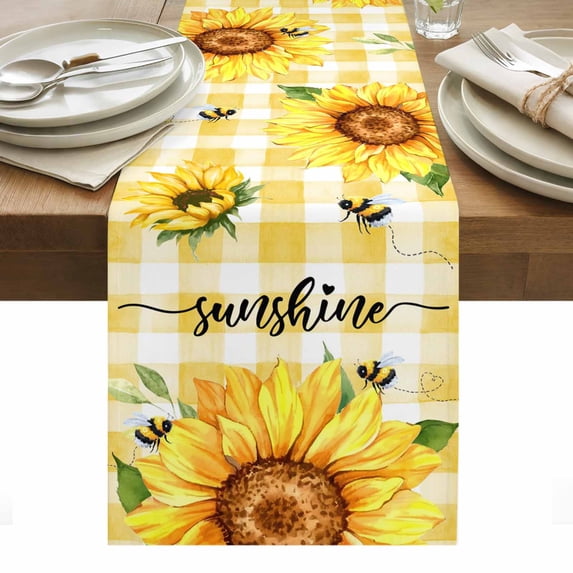 Sunflowers Table Runner - 60 Inch Long, Kitchen Dining Table Runner Dresser Scarves, Yellow Plaid Sunshine Vintage Country Bee Farmhouse Decor for Coffee Tables Wedding Party Banquet