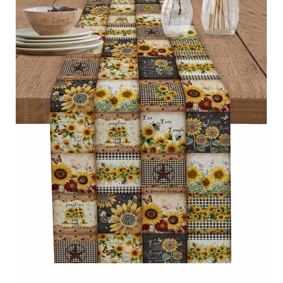 Sunflowers Table Runner 60 Inches, Farmhouse Vintage Western Texas Star Plaid Bed Runner Dresser Scarves Tabletop for Indoor Outdoor Parties/Ceremony/Banquet, 13" x 60"