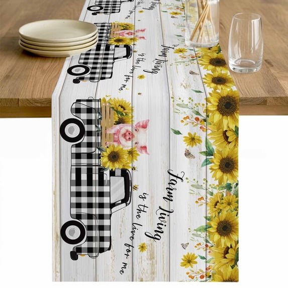 Sunflowers Table Runner - 72 Inch Long Spring Botanical Truck Pig Wooden Grain Cotton and Linen Blended Dress Scarves Farmhouse Table Runner for Kitchen Dining, Coffee Table, 13" x 72"