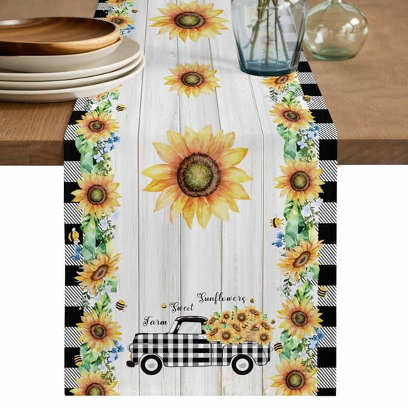 Sunflowers Table Runner 72 Inches, Botanical Bees Black White Plaid Truck Wooden Bed Runner Dresser Scarves Tabletop for Indoor Outdoor Parties/Ceremony/Banquet, 18" x 72"
