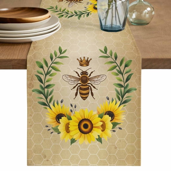 Sunflowers Table Runner 72 Inches, Farmhouse Bees Spring Summer Watercolor Floral Leaf Bed Runner Dresser Scarves Tabletop for Indoor Outdoor Parties/Ceremony/Banquet, 13" x 72"