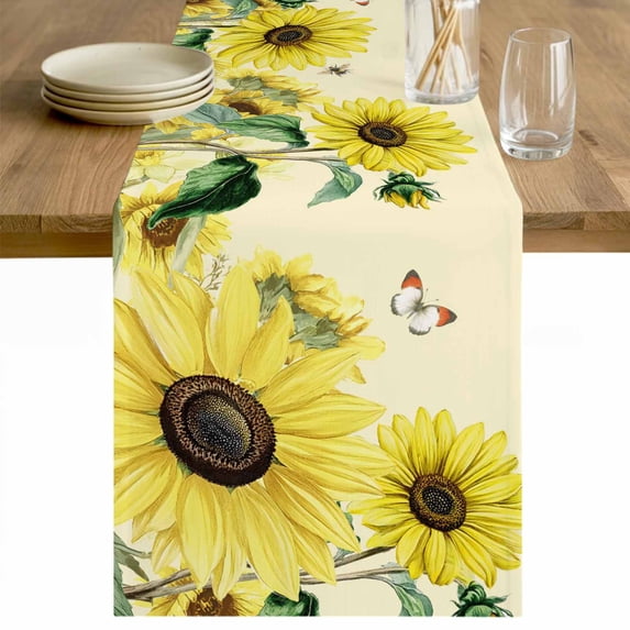Sunflowers Table Runner - 90 Inch Long Spring Botanical Watercolor Blossom Flowers Cotton and Linen Blended Dress Scarves Farmhouse Table Runner for Kitchen Dining, Coffee Table, 13" x 90"
