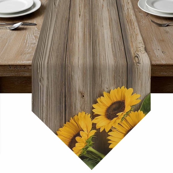 Sunflowers Table Runner Linen Burlap Table Runner 72 Inches Long Farmhouse Country Floral Vintage Wooden Grain Dresser Scarves for Kitchen Island Coffee Dining Party Wedding Holiday Decor 16"x72"