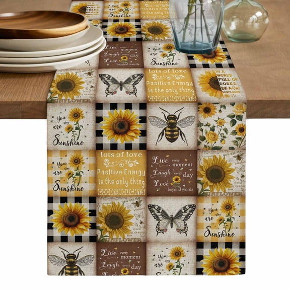 Sunflowers Table Runner, Retro Country Butterfly Bee Floral Plaid Washable Cotton Linen Table Runners 60 Inches Long, Dresser Scarf Runner for Coffee/TV Stands/Kitchen/Cabinets 13''x60''