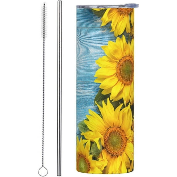 Sunflowers Teal Blue Stainless Steel Insulated Tumbler 20 OZ, Turquoise Wood Coffee Mug Cup with Splash-Proof Lid and Straw for Car Home Office Outdoor Travel