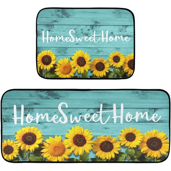Sunflowers Teal Rugs and Mats Set 2 Piece Turquoise Non Slip Washable Runner Rug Set of 2 for Kitchen Sink Floor Home Decor Laundry Home Sweet Home