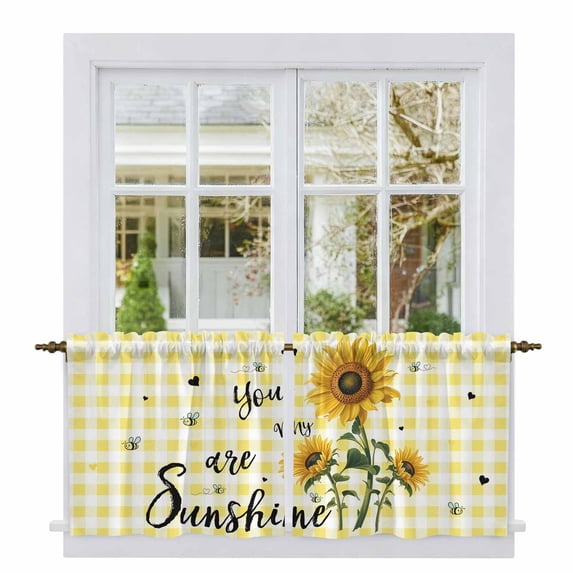 Sunflowers Tier Curtains 36 Inch Length, Spring Summer Bees Floral Yellow Plaid Cafe Short Curtains for Bathroom Over Sink, Small Kitchen Curtain Light Filtering Tiered Drapes 2 Panels 27.5"Wx36"L