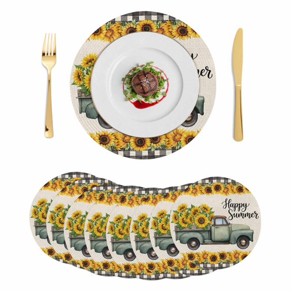 Sunflowers Truck Round 15 Inch Placemats Set of 8, Retro Summer Botanical Floral Plaid HeatResistant Non Slip Place Mats for Dining Table, Wipeable Braided Kitchen Table Mats for Housewarming
