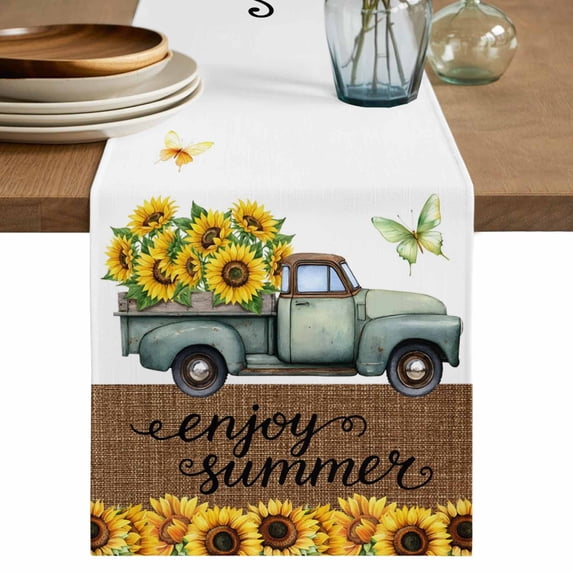Sunflowers Truck Table Runner 72 Inches, Country Botanical Blooms Floral Butterfly Bed Runner Dresser Scarves Tabletop for Indoor Outdoor Parties/Ceremony/Banquet, 14" x 72"