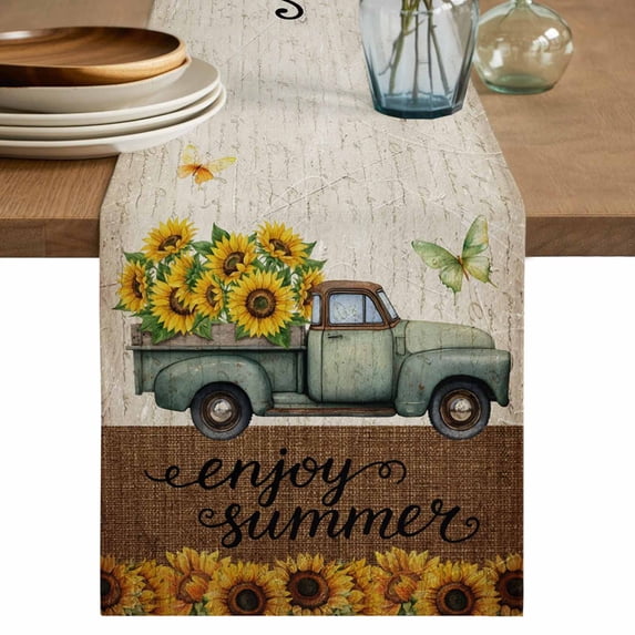Sunflowers Truck Table Runner 90 Inches, Retro Botanical Budding Floral Butterfly Bed Runner Dresser Scarves Tabletop for Indoor Outdoor Parties/Ceremony/Banquet, 13" x 90"