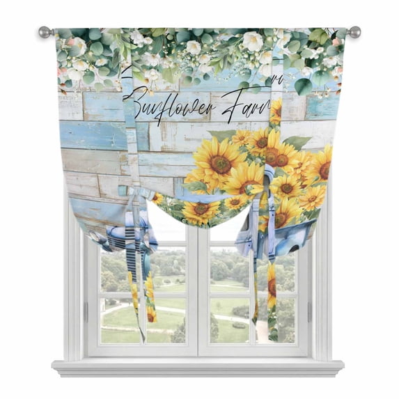 Sunflowers Trucks Balloon Curtains for Bedroom/Front Door/Bathroom, Spring Farmhouse Eucalyptus Teal Wood Tie Up Curtains 63 Inch Length Light Filtering Kitchen Curtains Shades for Windows 46"x63"