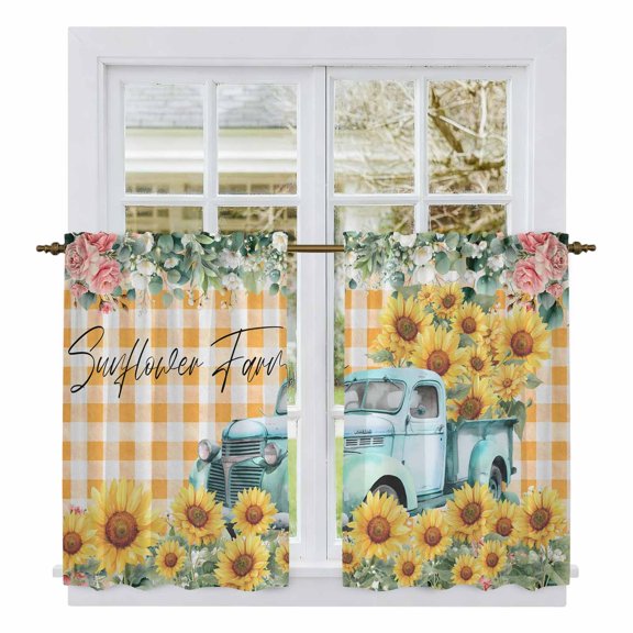Sunflowers Trucks Kitchen Curtain for Berdoom Living Room Cafe 45 Inch Length, Spring Farmhouse Eucalyptus Orange Plaid Tiers Curtains Light Filtering Drapes Window Treatment 2 Panels 52"Wx45"L