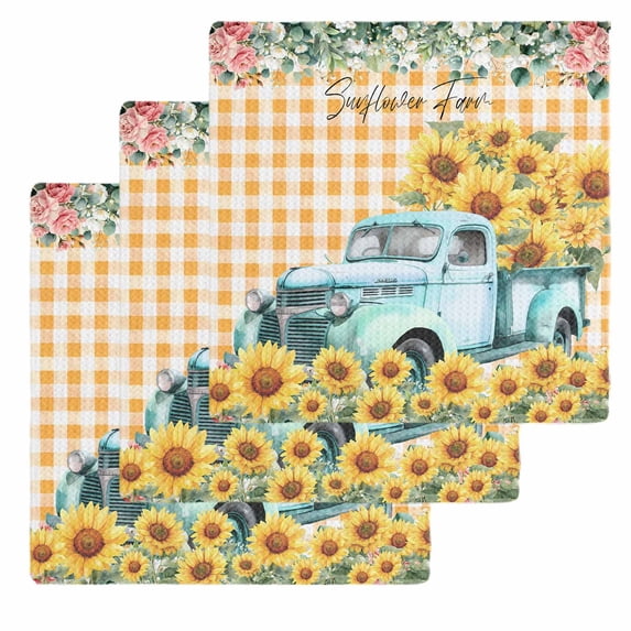 Sunflowers Trucks Kitchen Dish Towels for Drying Dishes Set of 3, Spring Farmhouse Eucalyptus Orange Plaid Waffle Weave Microfiber Hand Tea Bathroom Towels Quick Dry & Absorbent Towel 12x12