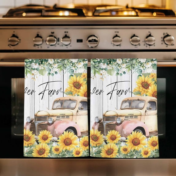 Sunflowers Trucks Kitchen Towels Set of 4, Spring Farmhouse Eucalyptus Gray Wooden Absorbent Dish Towels for Kitchen, Microfiber Hand Towel, Quick Drying Tea Towel for Cleaning Decorative Dishcloths