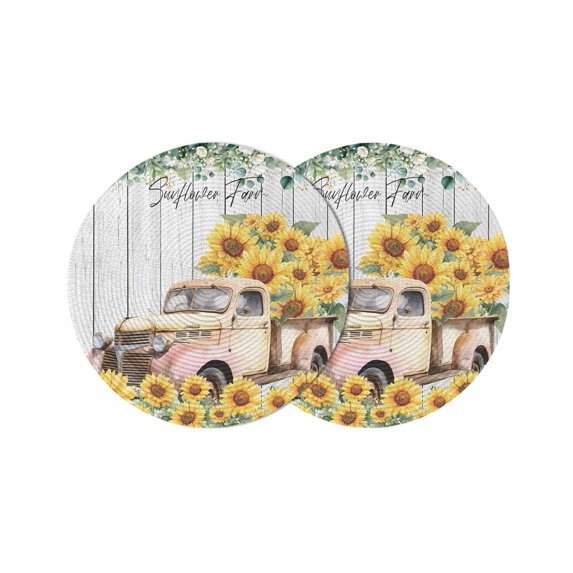 Sunflowers Trucks Round 13 Inch Placemats Set of 2, Spring Farmhouse Eucalyptus Gray Wooden HeatResistant Non Slip Place Mats for Dining Table, Wipeable Braided Kitchen Table Mats for Housewarming