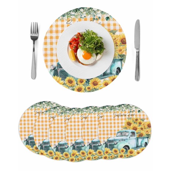 Sunflowers Trucks Round 15 Inch Placemats Set of 6, Spring Farmhouse Eucalyptus Orange Plaid HeatResistant Non Slip Place Mats for Dining Table, Wipeable Braided Kitchen Table Mats for Housewarming
