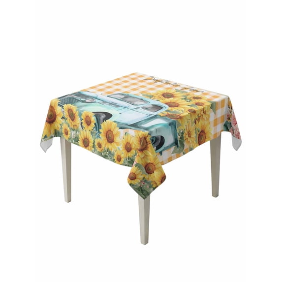 Sunflowers Trucks Table Cloth, Waterproof Tablecloth for Square Tables, Spring Farmhouse Eucalyptus Orange Plaid Reusable Washable Fabric Table Cover for Restaurant Kitchen Dining Tables 60"x60"