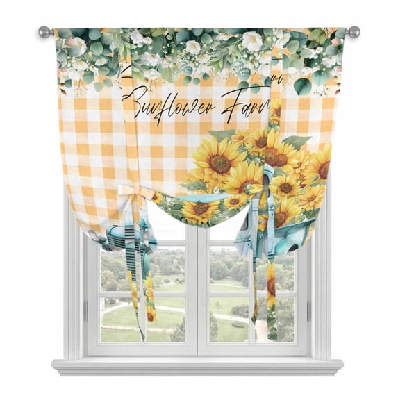 Sunflowers Trucks Tie Up Curtains for Windows, Balloon Window Shades, Spring Farmhouse Eucalyptus Orange Plaid Kitchen Window Treatments Roll Up Curtain for Basement/Nursery 52"x45"