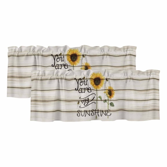 Sunflowers Valances for Windows, Decorative Rod Pocket Window Valance Curtains, Modern Bee You Are My Sunshine Wooden Grain Short Curtain Drapes for Kitchen/Living Room, 2 Panels, 42" W x 12" L