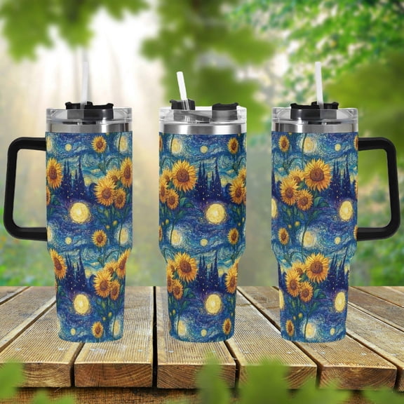 Sunflowers Van Gogh 40oz Stainless Steel Tumbler With Handle Lid and Straw, Cute Retro Floral Drink Cup, Travel Tumbler, Fun Tumbler Gift
