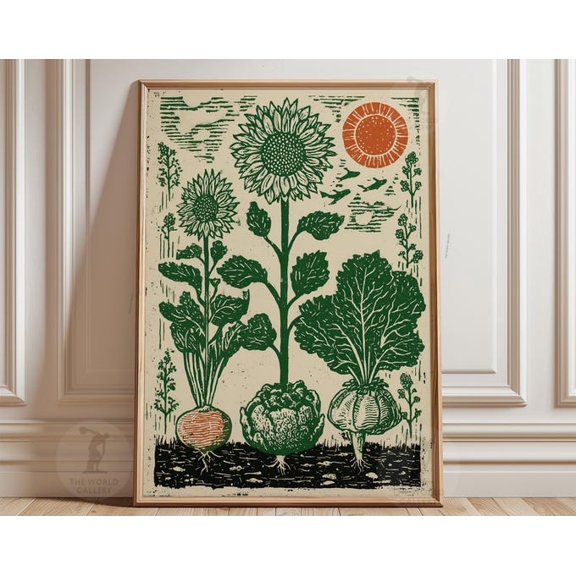 Sunflowers Vegetables Farmhouse Garden Wall Art Print, Unframed Paper Poster 8x10in