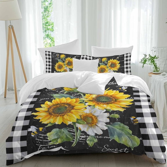 Sunflowers Vintage Duvet Cover Set Twin Size, Floral Bee Farmhouse Black Buffalo Plaid 4 Piece Soft Microfiber Bedding Set with 1 Duvet Cover, 1 Flat Sheet, 2 Pillowcases