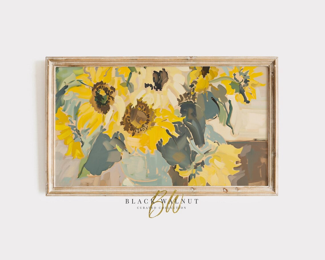 Screen Scaver Abstract Sunflowers Wall Art, Country Flowers, Rustic Yellow Teal Still Life ...