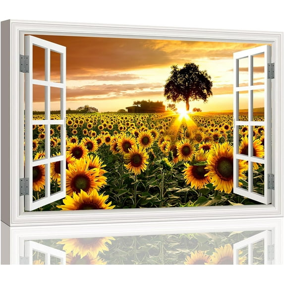 Sunflowers Wall Art Picture for Living Room Country Sunset Landscape Painting Window Frame Style Canvas Farmhouse Wall Decor Modern Scenery Artwork for Bedroom Bathroom Office Home Decoration 16"x12"