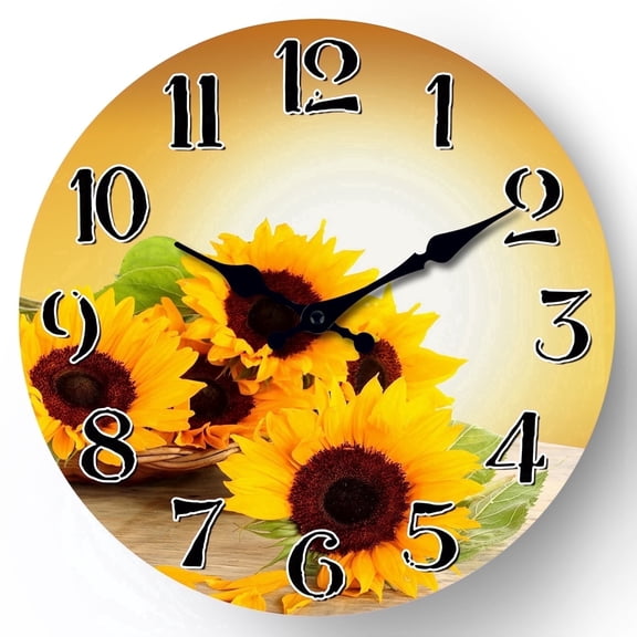 Sunflowers Wall Clock Battery Operated 14 Inch Wooden Wall Clock Silent Decorative Clock for Kitchen Bedroom Home Office Decor
