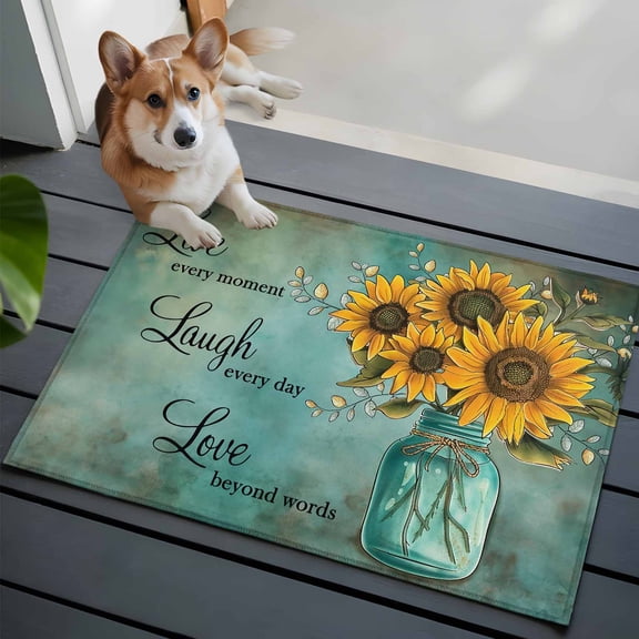 Sunflowers Washable Area Rug 2x3 Laugh Live Love Retro Turquoise Background Low-Profile Area Rugs with Non Slip Backing Indoor Floor Carpet for Entrance Living Room Bedroom Home Office