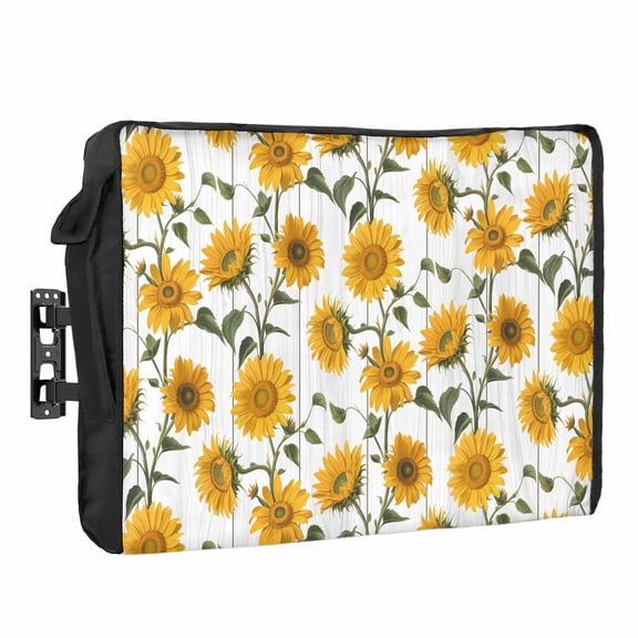 Sunflowers Waterproof Outdoor TV Cover, Bright Yellow Sunflower Floral Green Leaf Wooden Grain Outside Weatherproof TV Enclosures for 30 to 32 Inch LCD Television Shield Flat Screen Protectors