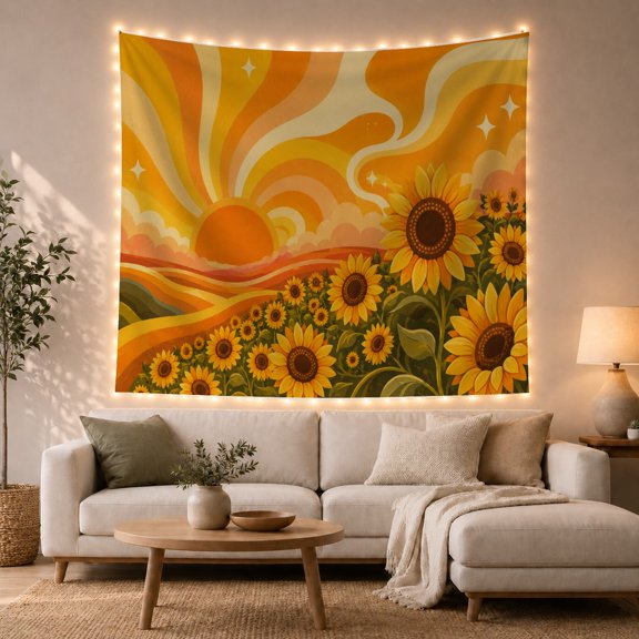 Sunflowers under Wavy Sunset Rays with Sparkles, Playful Psychedelic for Flower Lovers, Floral Wall Art, Housewarming Gift, Tapestry Wall Hanging for Bedroom and Studio