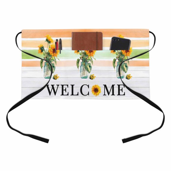 Sunflowers Welcome Kitchen Restaurant Half Waist Apron, Rustic Floral Farmhouse Flower Yellow Green Stripe Server Short Apron with 3 Pockets Waterproof Oil Waist Aprons for Women Waitress Waiter