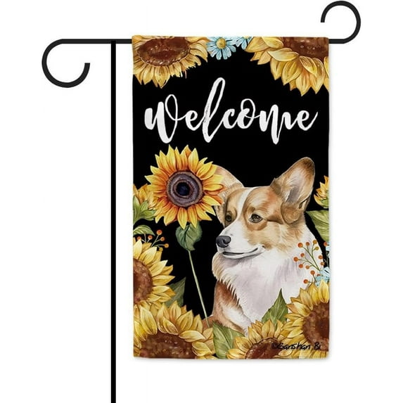 Sunflowers Welsh Corgi Garden Flag Watercolor Dog Floral Spring Summer Decor Flag for Outdoor Yard Double Side 12.5X18 Inch