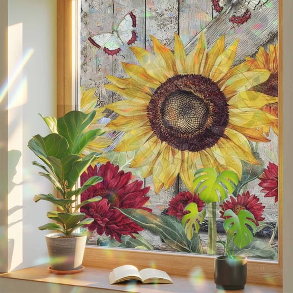 Sunflowers Window Privacy Film Rainbow Static Cling Stain Glass Window Film for Door, Decorative Sunroof Decal Sticker for Car Bathroom 23.6"x59" Retro Flower Barn Doors Butterfly Farmhouse Brown