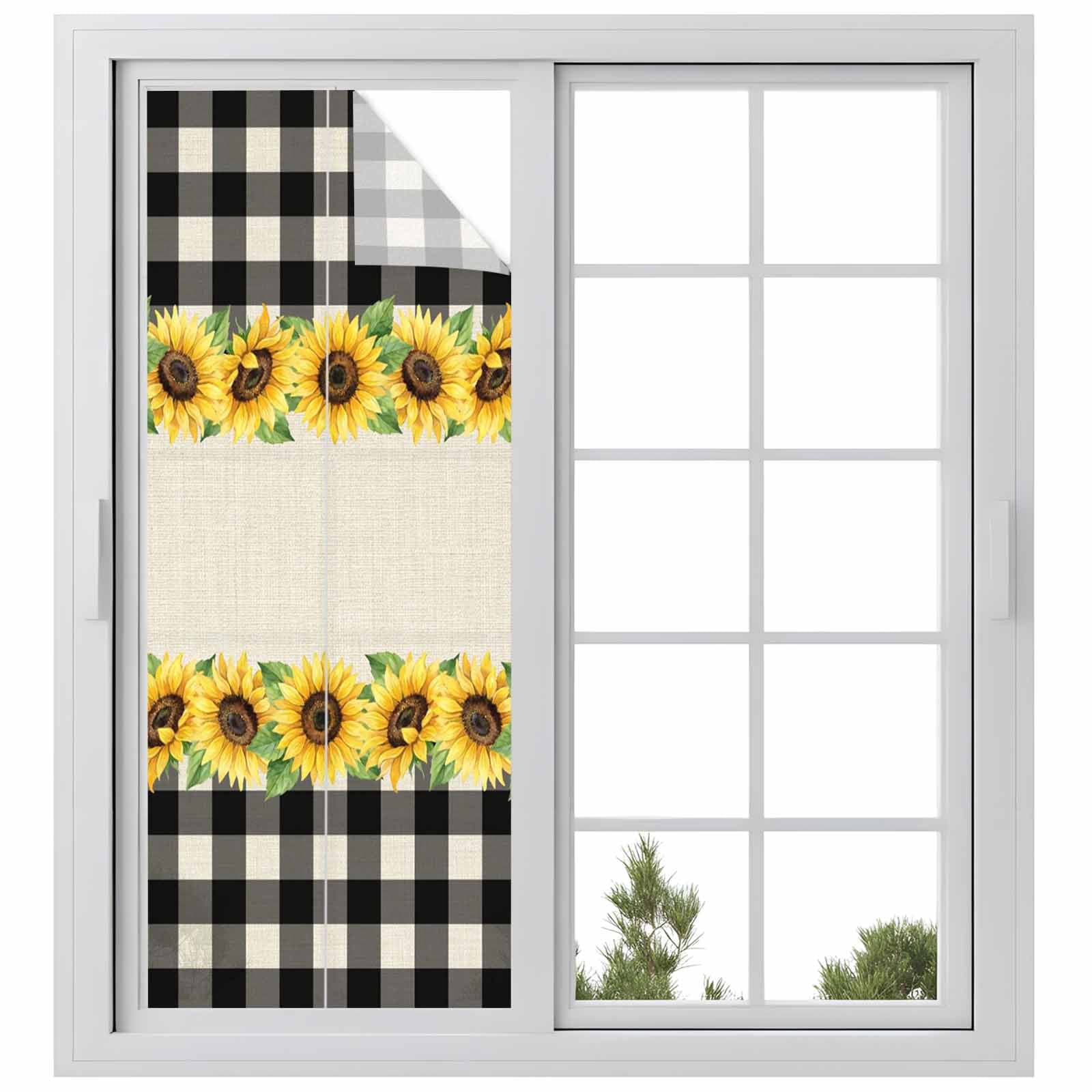 Sunflowers Window Privacy Film, Retro Country Floral Linen Texture Black Plaid Frosted Glass Window Clings Static Cling UV Heat Blocking Reusable Door Sticker for Bathroom 23.6 x 59 Inch