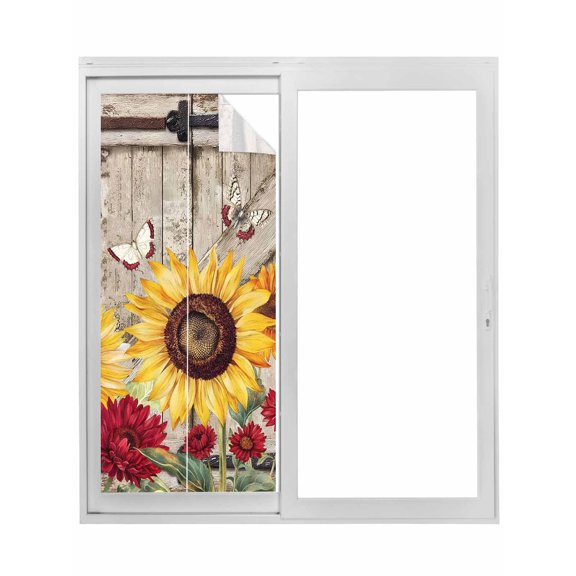 Sunflowers Window Privacy Film, Retro Flower Barn Doors Butterfly Farmhouse Brown Static Cling UV Sun Blocking Tint Film Heat Control Windows Films for Bedroom Bathroom, Window Stickers 17.7"x39.3"