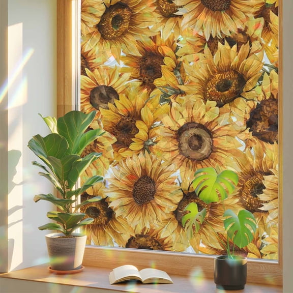 Sunflowers Window Privacy Film, Retro Watercolor Yellow Sunflower Floral Stained Glass Rainbow Film Decorative Window Clings, Static Cling Sun Blocking Stickers 19.6" x 39.3"
