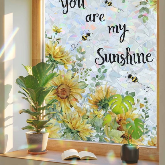 Sunflowers Window Privacy Film, You Are My Sunshine Country Summer Floral Bee Stained Glass Rainbow Film Decorative Window Clings, Static Cling Sun Blocking Stickers 23.6" x 59"
