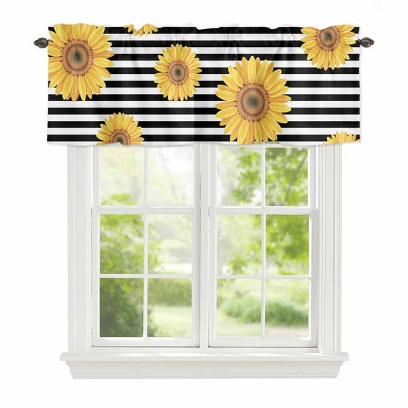 Sunflowers Window Valance for Kitchen, Black White Strips Farm Watercolor Floral Rod Pocket Short Curtain for Small Windows, Light Filtering Decorative Valance, 60 x 18 Inch, 1 Panel