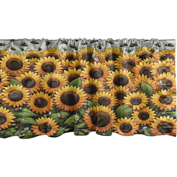 Sunflowers Window Valance Pack of 2, Summertime Inspired Farmhouse Floral Huddle with Leaves and Bees Print, Rod Pocket Curtain Valances Kitchen Bedroom, 54" X 18",Mustard Reseda Green