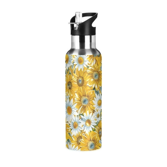 Sunflowers Yellow Water Bottles Insulated Thermos Kids Stainless Steel Bottle with Straw Lid Flask Leakproof for Sports Gym 20 oz
