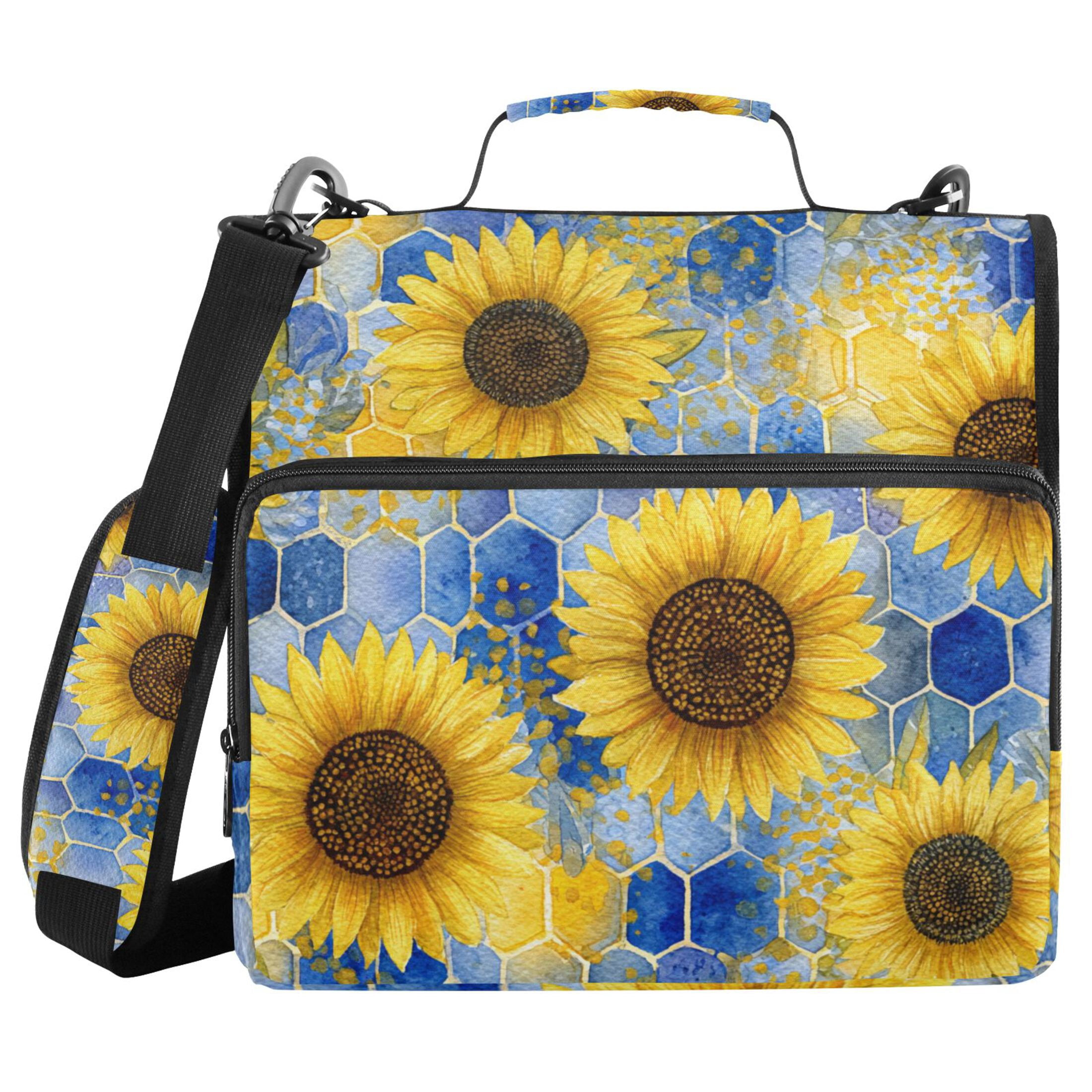 Sunflowers and Blue Honeycomb Binder Bag with Shoulder Strap 3 Ring Zipper Binder File Folder Document Storage