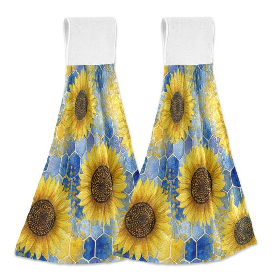 Sunflowers and Blue Honeycomb Hanging Towels with Loop Hand Towels Nylon Fastener Tape Design Dish Cloths 2 Pieces