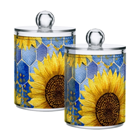 Sunflowers and Blue Honeycomb Translucent Plastic Cans Storage Canisters with Lid Set of 2